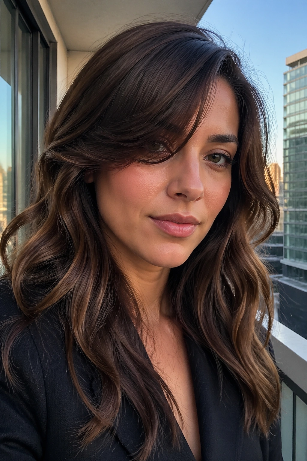 Close-up of a real woman with walnut brown hair and deep side-shifted curtain bangs.