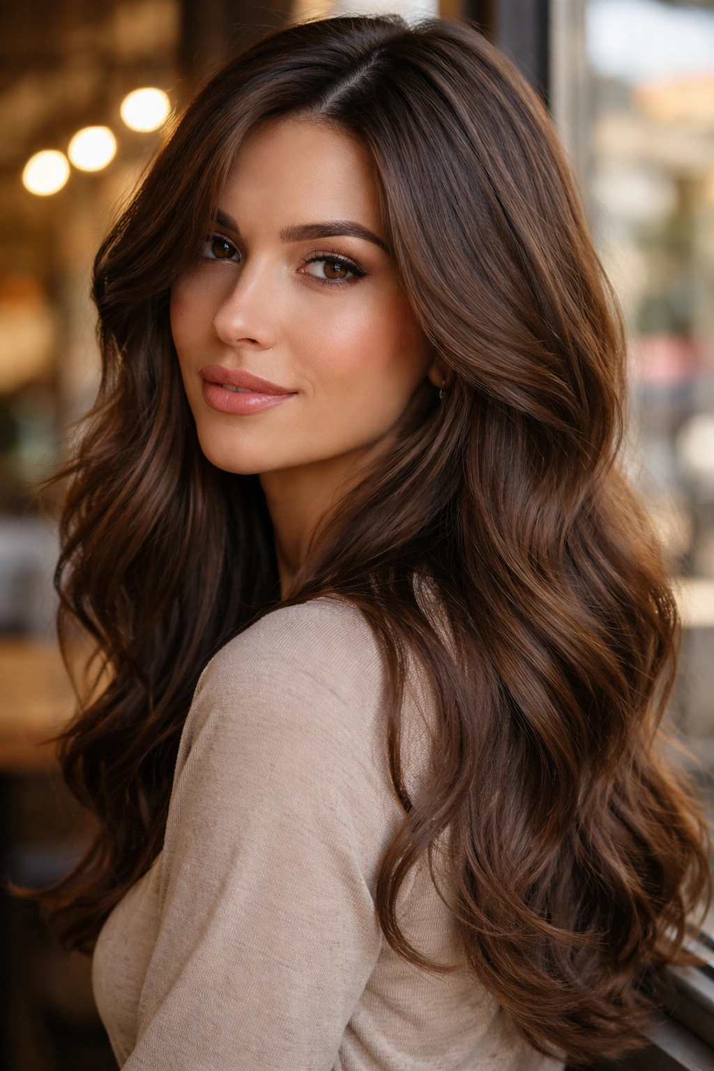 Real woman with walnut brunette hair and soft side part in warm cafe lighting