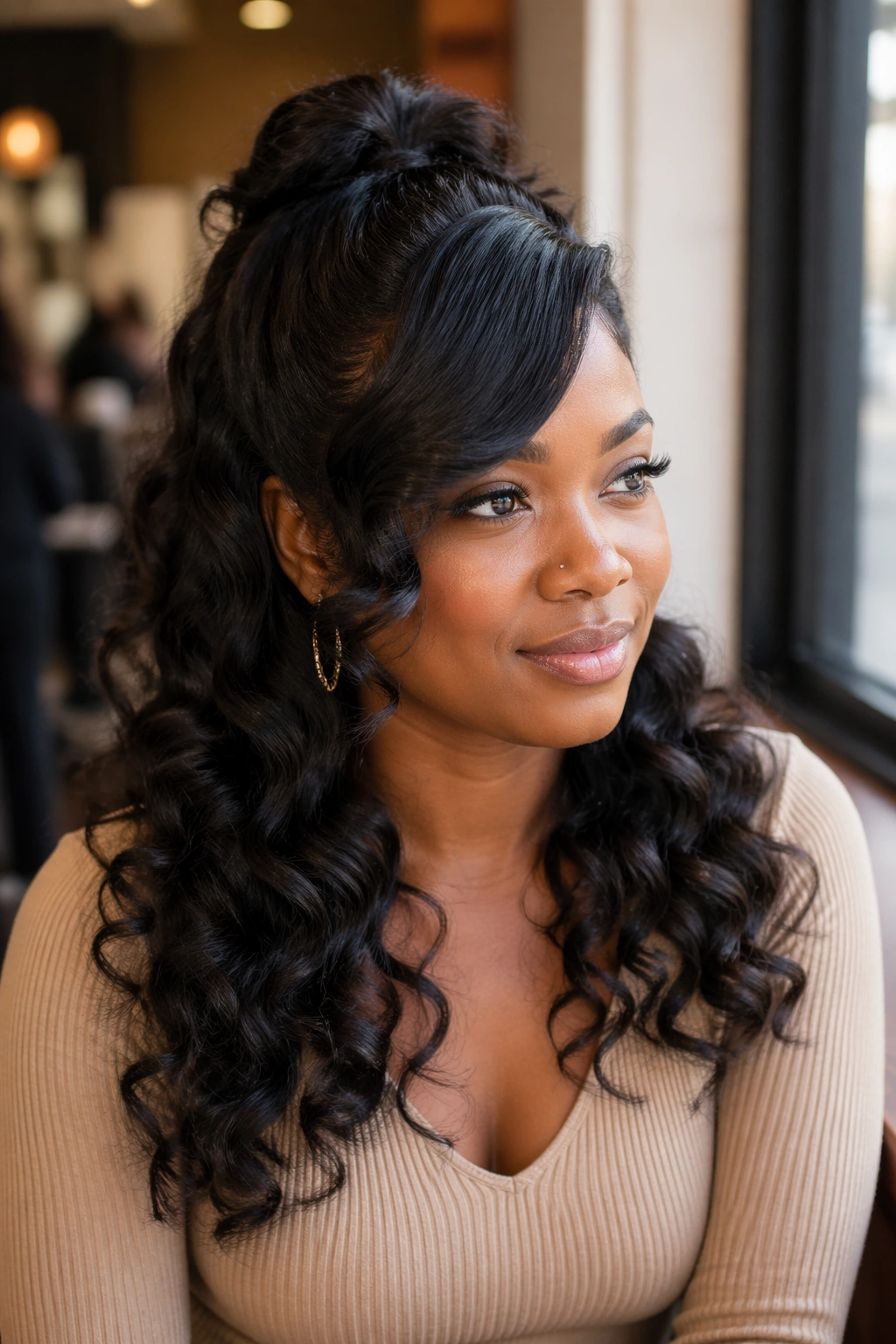 Three-quarter portrait of a woman with wand curls and a side-swept bang