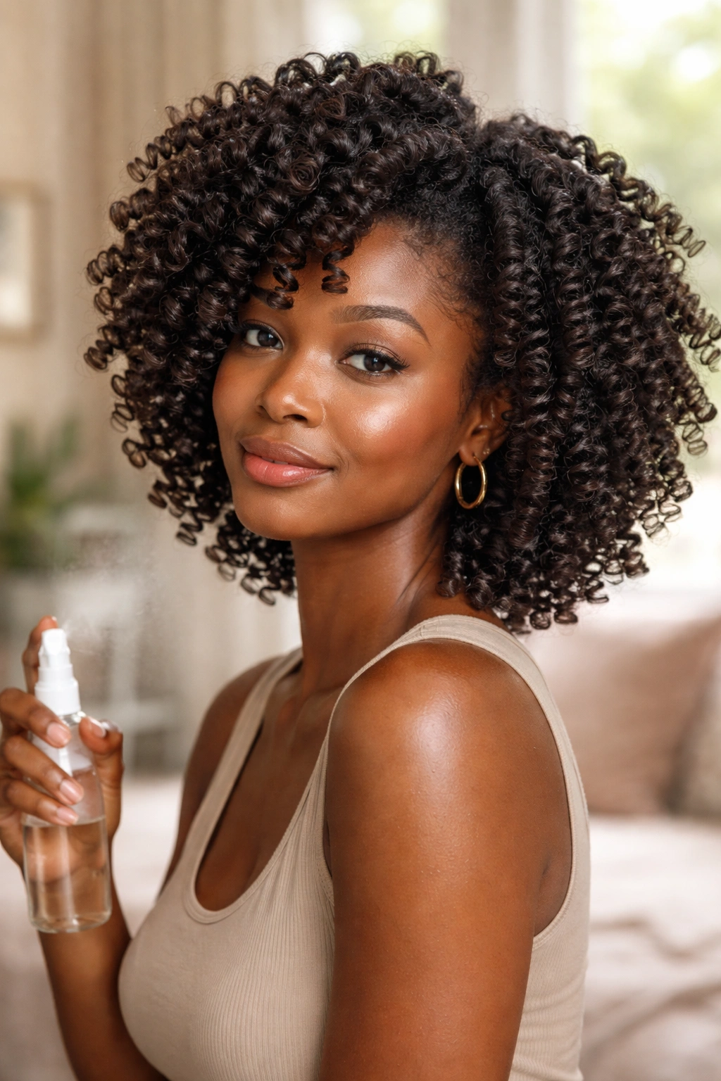 Day-two wand curls refreshed on 4C hair in a soft lit room.