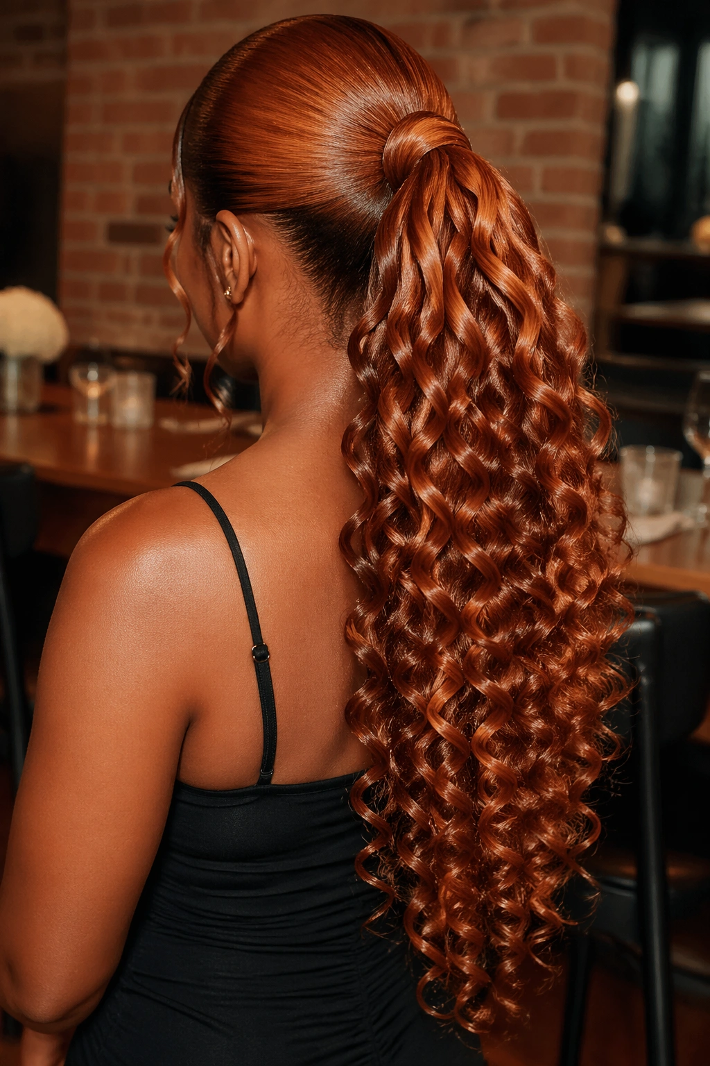 Back-of-head portrait of a real woman with a long wand-curled copper ponytail.