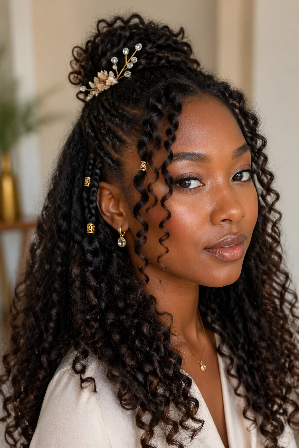 Real woman with wand curls and assorted accessories in half up style.