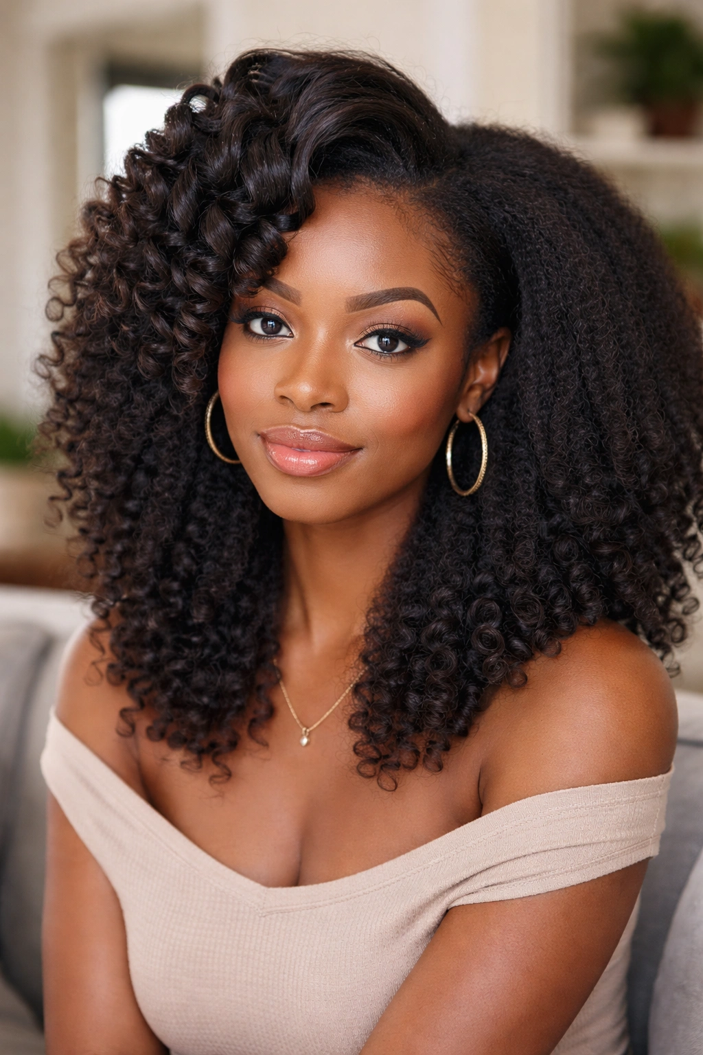 Portrait of a real woman with a blown-out base and selective wand curls on top.
