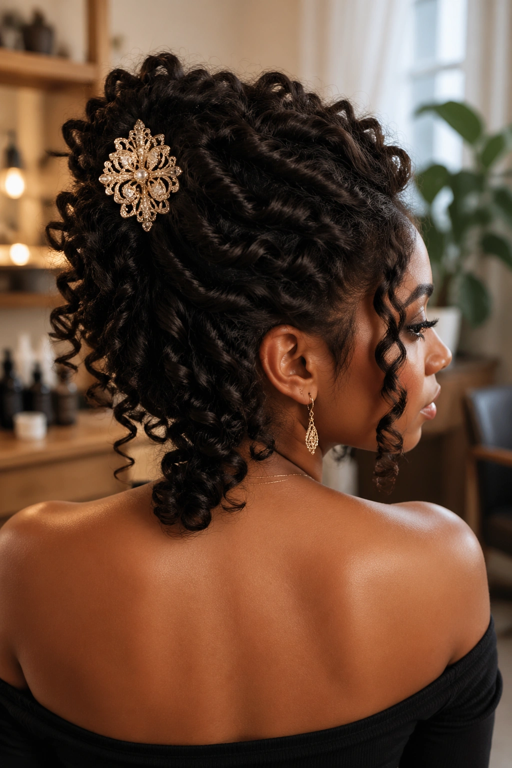 Close-up portrait of a woman with wand curls and a bold back clip