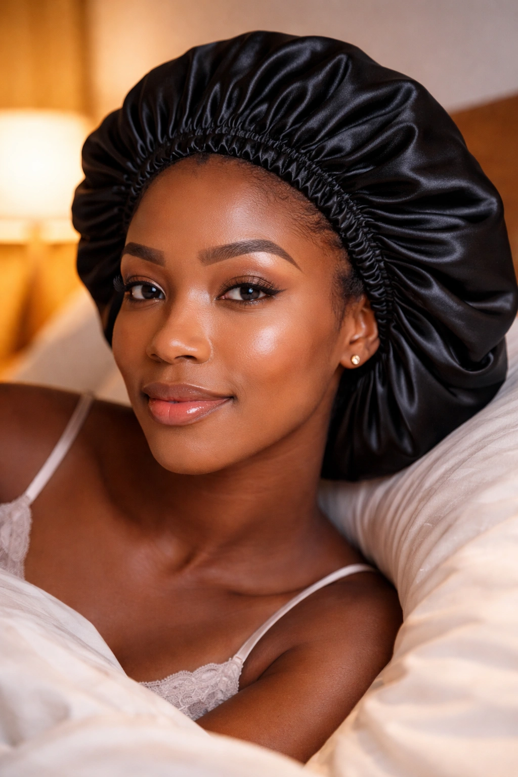 Close-up of real woman wearing a satin bonnet at night, overnight bonnet maintenance for 4C wand curls