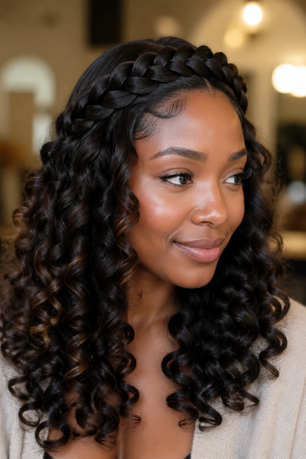 Portrait of a woman with wand curls and braided crown