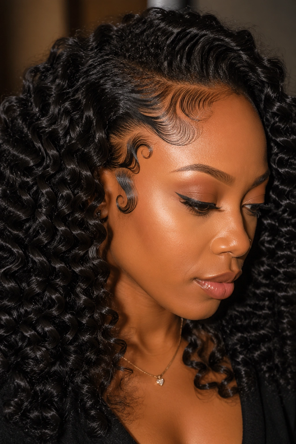 Real woman with wand curls and edge design patterns at the hairline.