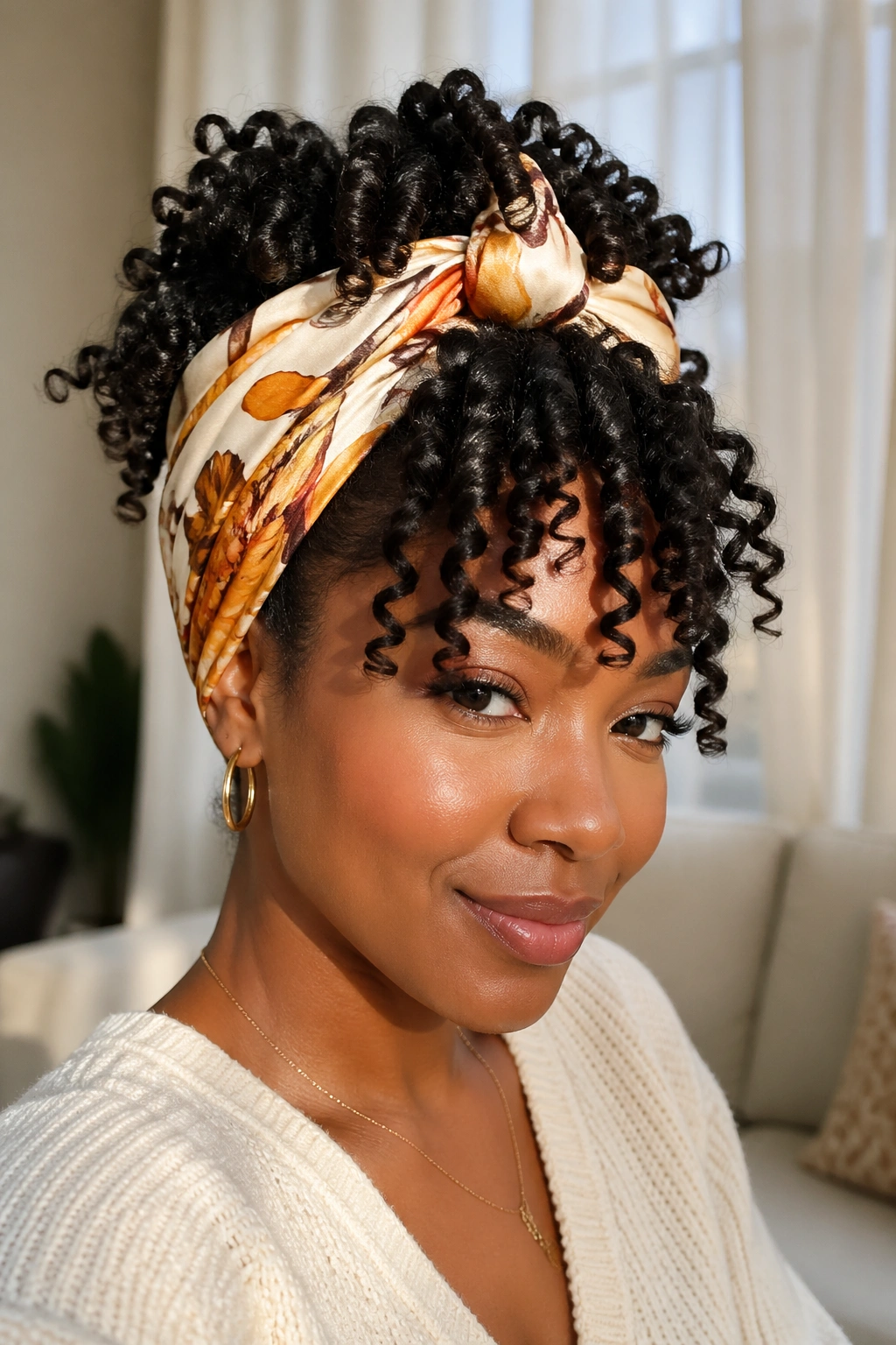 Close-up of a real woman wearing wand curls with a fabric wrap across her head