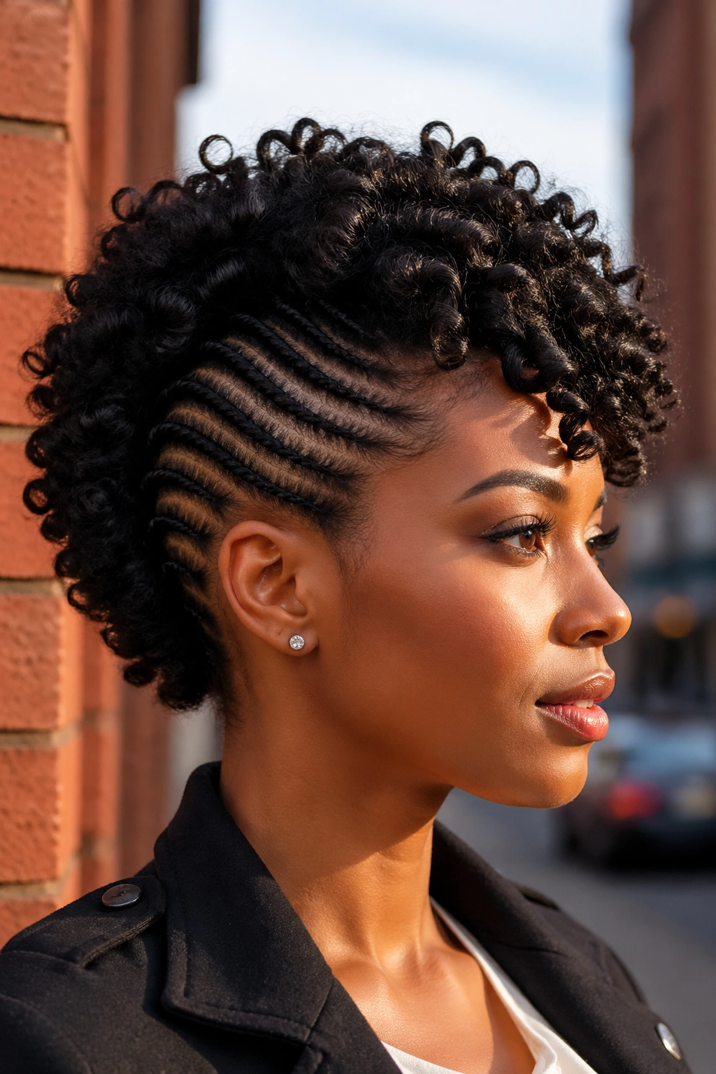 Close-up of wand curls with flat twist cornrows on the side on a real woman