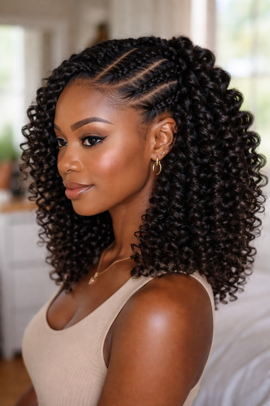 Three-quarter view of a person with flat twist front and wand curls behind