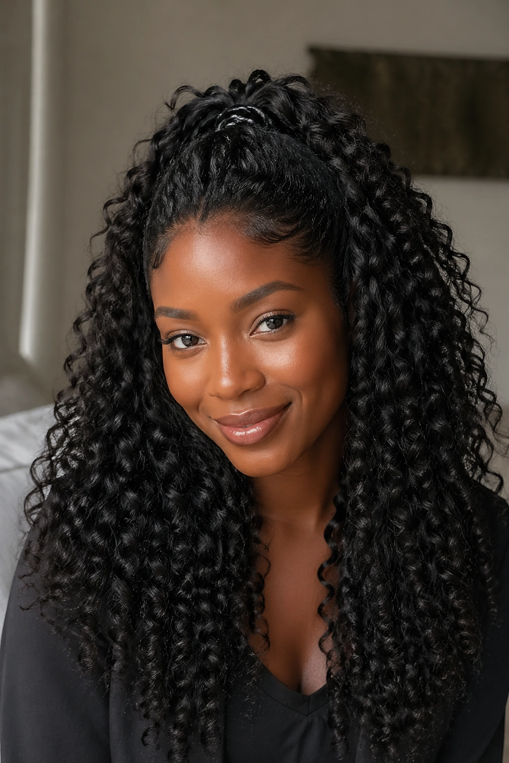 Real woman with wand curls in a half-up half-down style.
