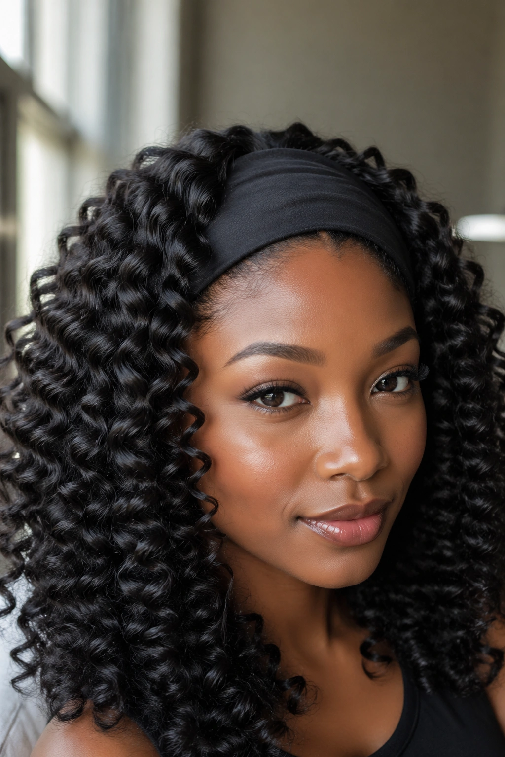 Real woman wearing wand curls with a headband.