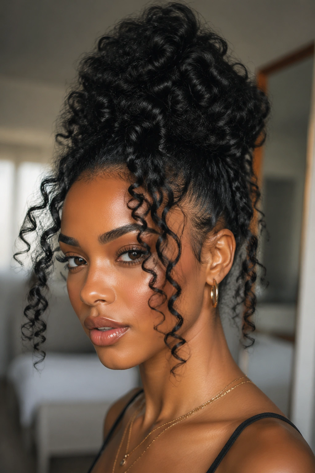 Close-up of wand curls gathered into a high bun on a real woman