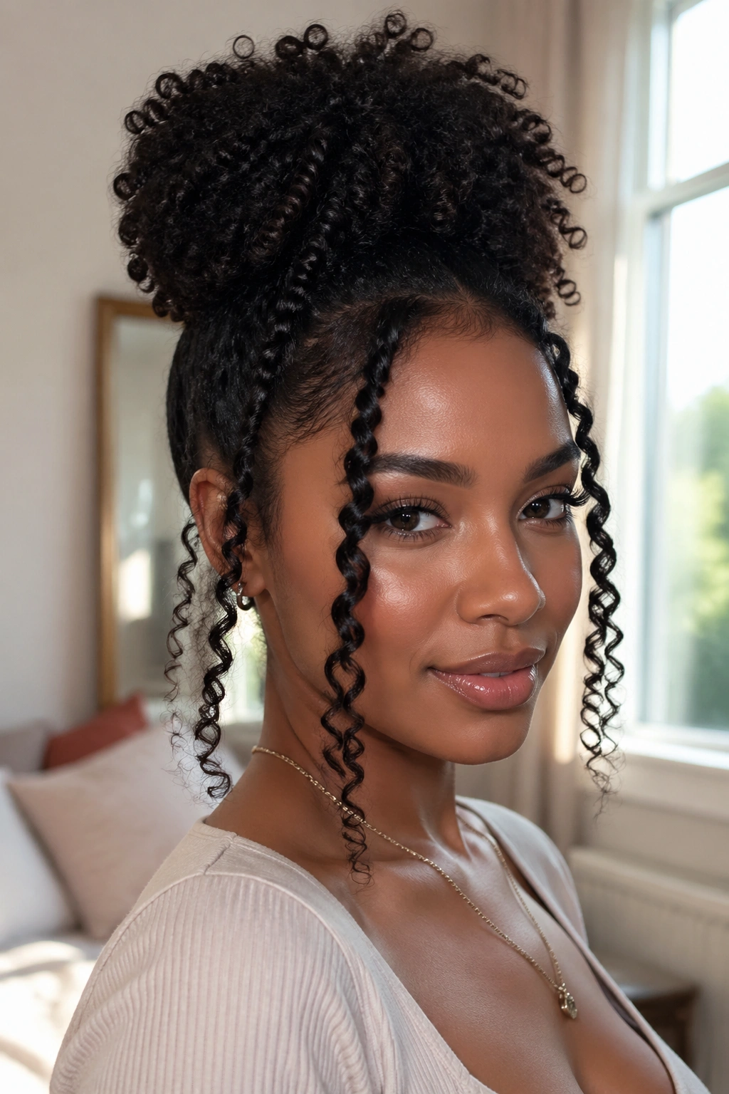 Close-up of a real woman with wand curls and a high puff