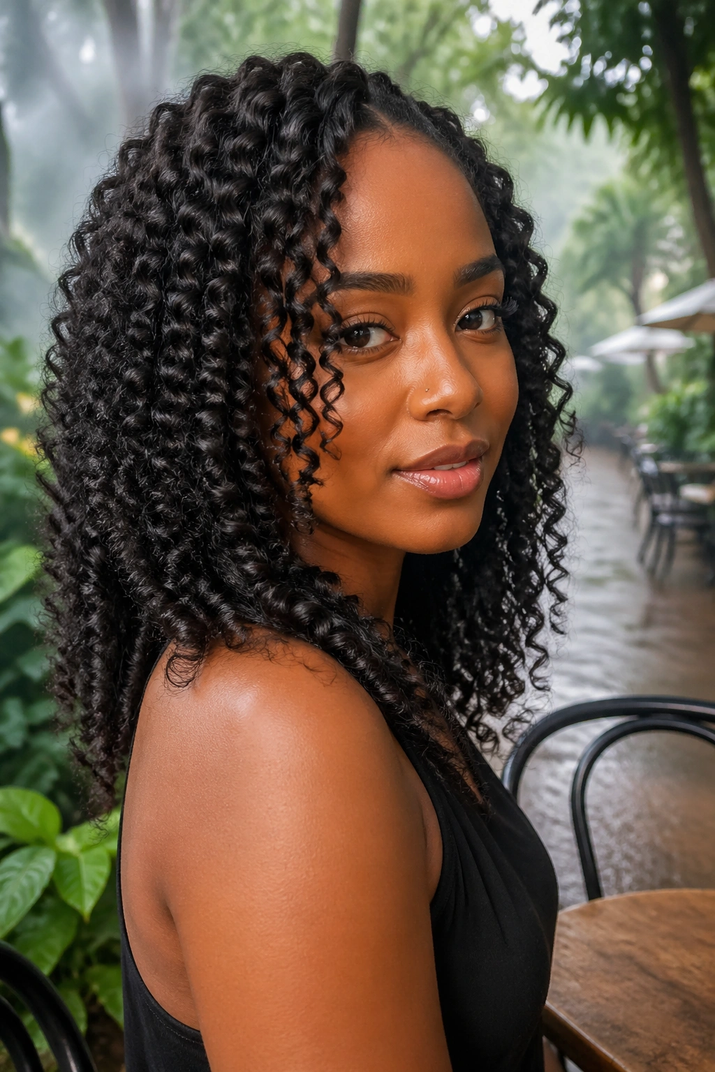 Close-up of wand curls held in place on a real woman in humid outdoor weather