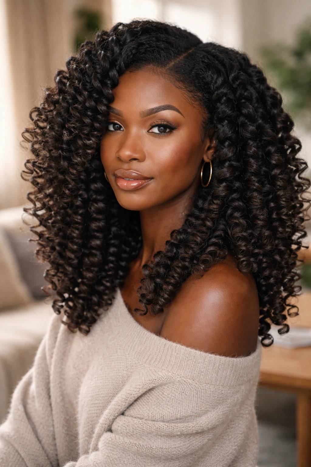 Close-up portrait of wand curls demonstrating length retention on 4C hair.