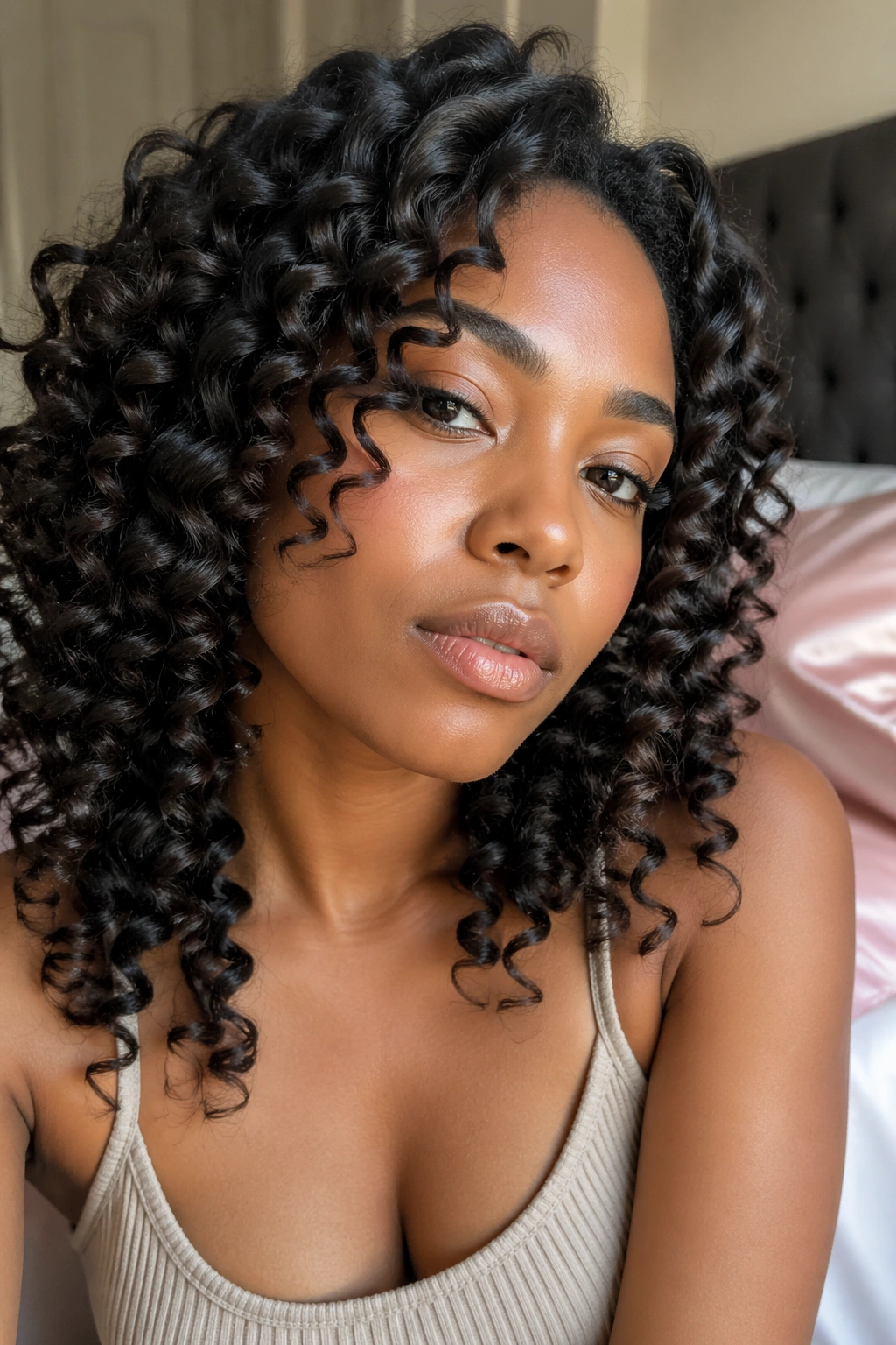 Close-up of a real woman with wand curls lasting in natural light