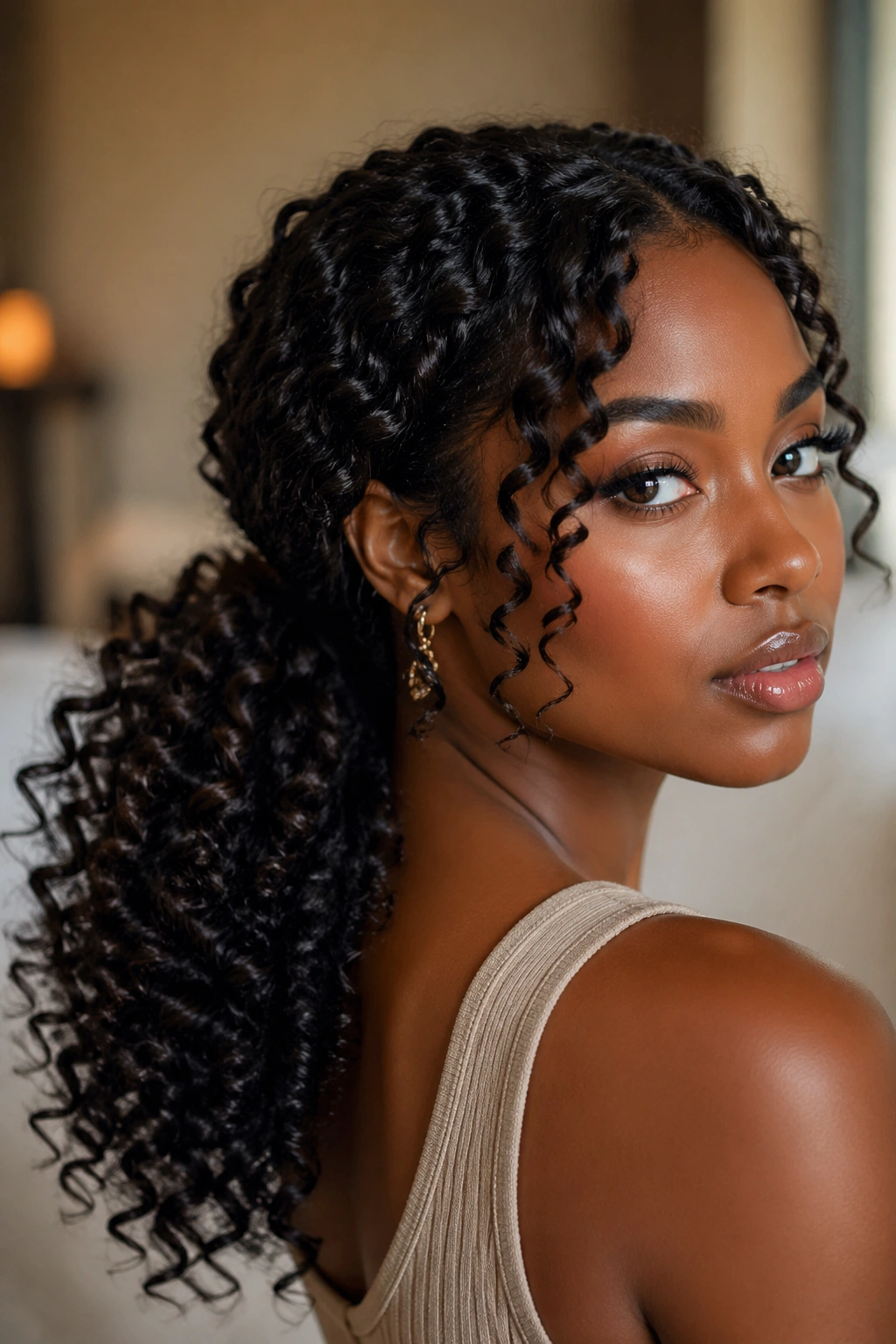 Close-up portrait of a real woman with wand curls in a low ponytail, natural window light