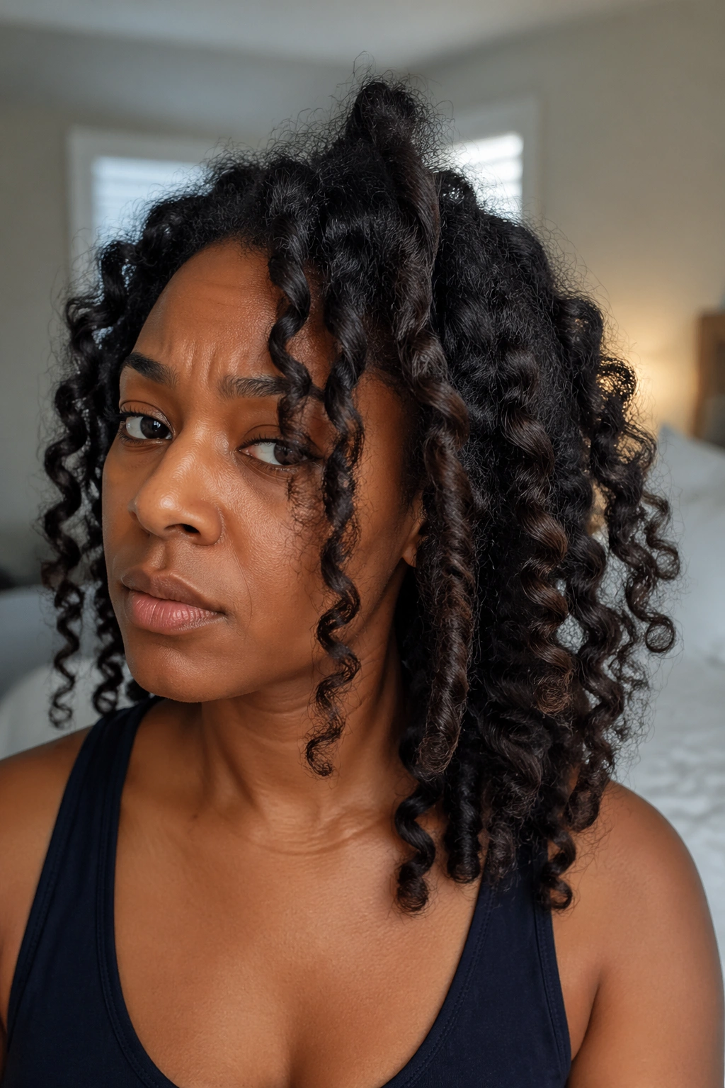 Close-up of a real woman with uneven wand curls illustrating common mistakes