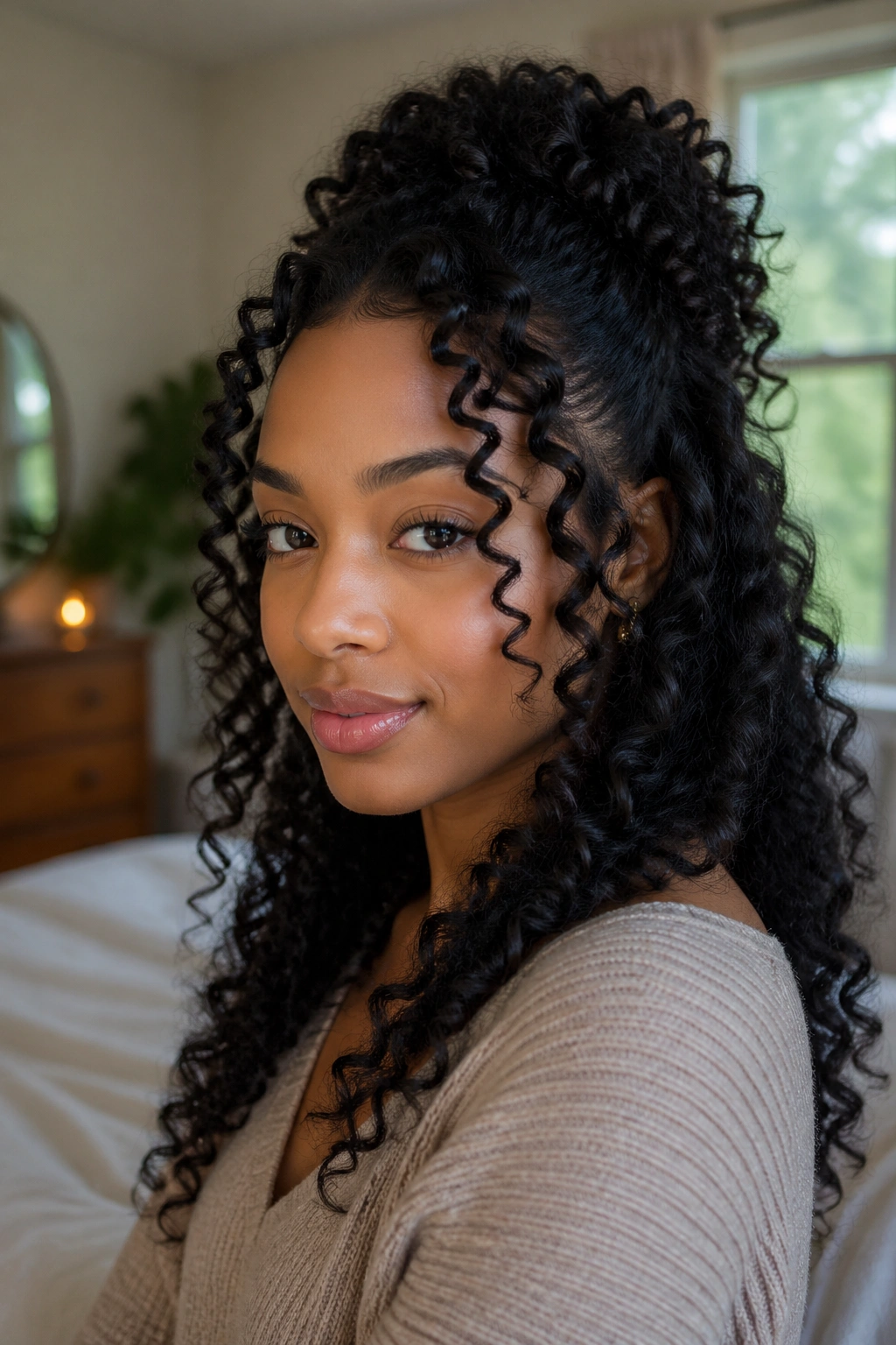 Close-up of a real woman with wand curls on natural hair, glossy spirals.