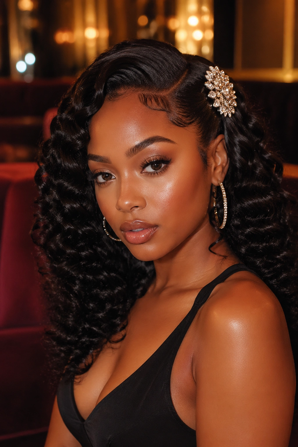 Medium close-up of woman with dramatic wand curls for night out