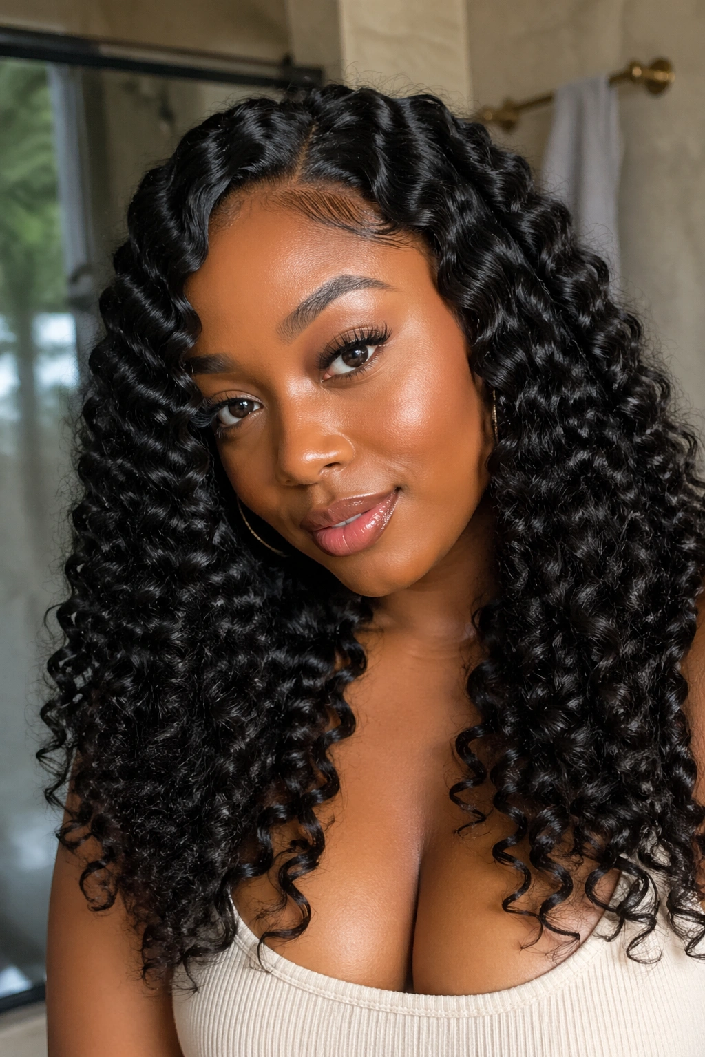 Close-up of a Black woman with defined wand curls, shiny hair showing product-ready hold