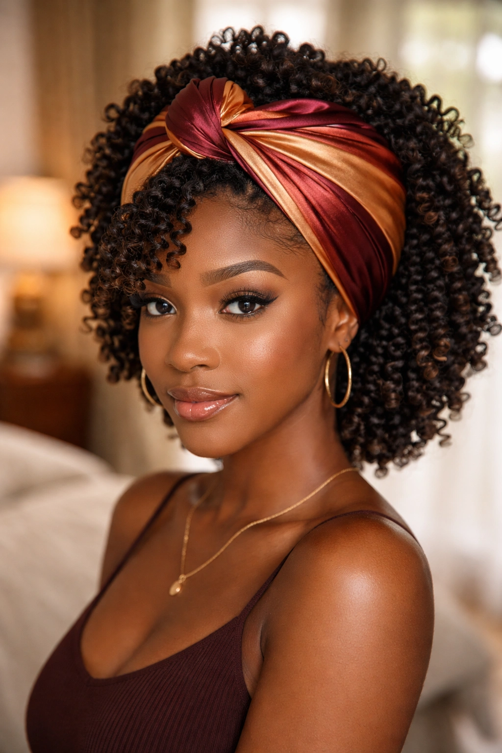 Close-up of a real woman with wand curls under a satin headwrap in a cozy bedroom.