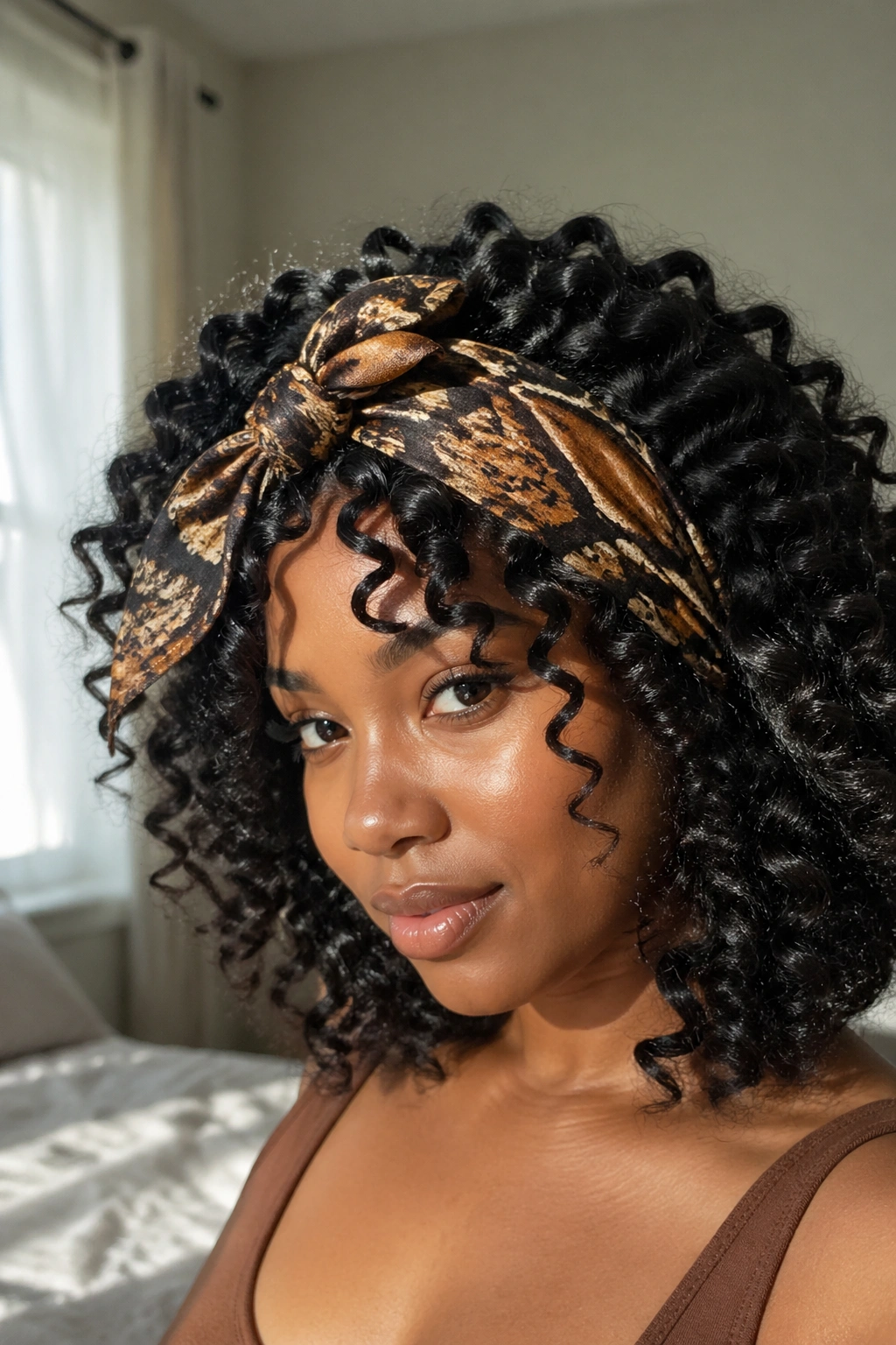 Close-up of wand curls with a scarf on a real person in a cozy room