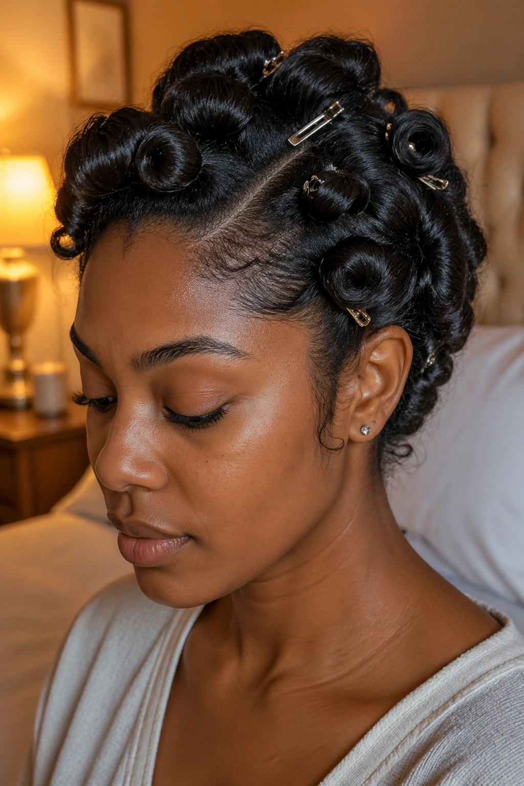 Real woman with wand curls pinned to set their shape.