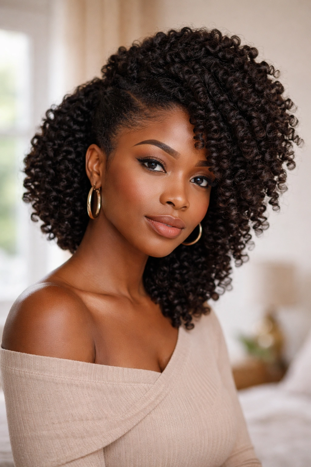 Close-up portrait of a woman with wand curls gathered into a side puff