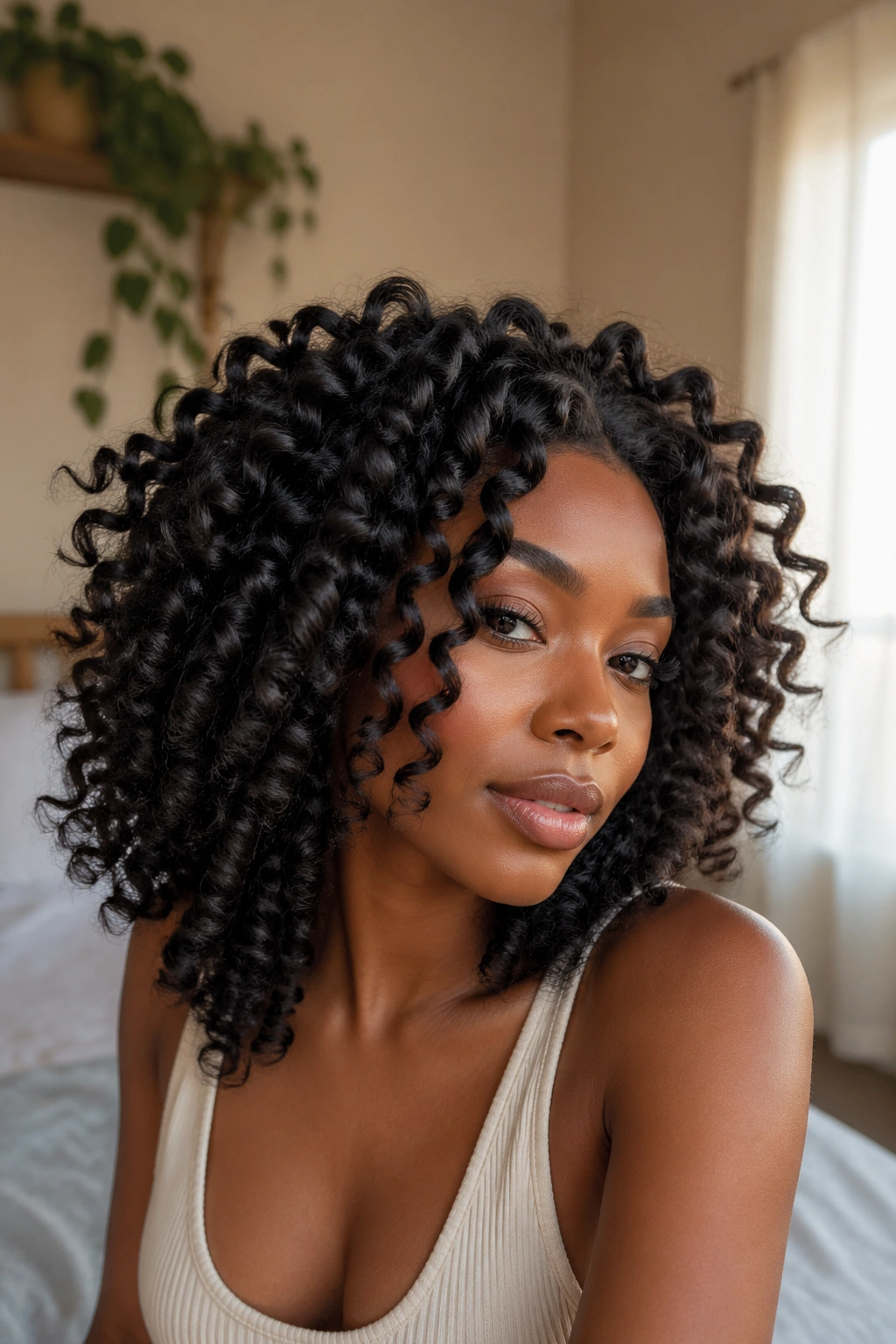 Close-up of a real woman with wand curls and natural hair texture