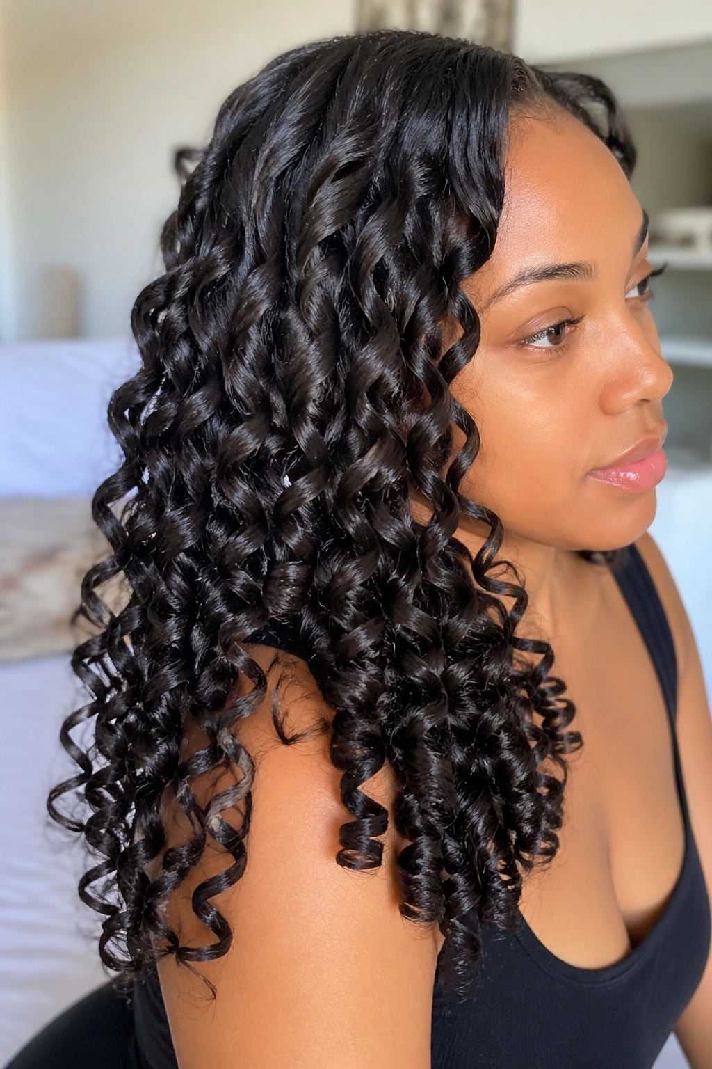 Close-up of wand curls on stretched natural hair on a real person