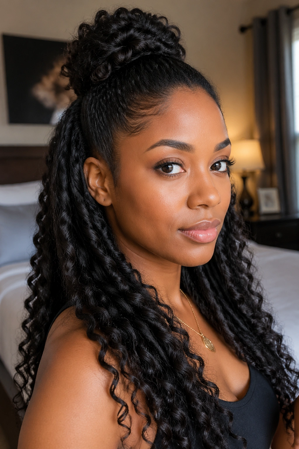 Close-up of a real woman with stretched natural hair and wand curls in a half-up style.