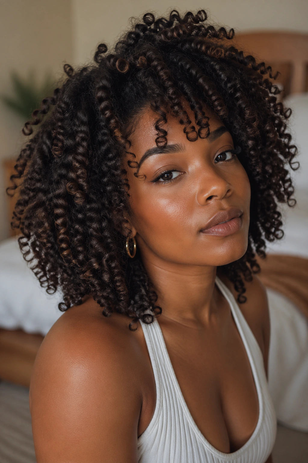 Close-up portrait of a Black woman with wand curls showing natural hair textures in a softly lit bedroom