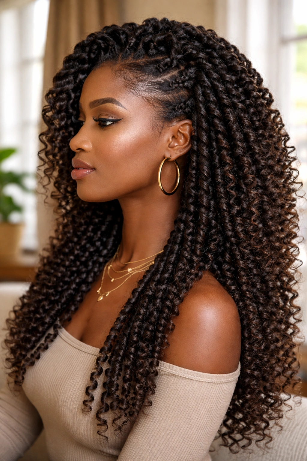 Profile view of wand curls blended with twist extensions