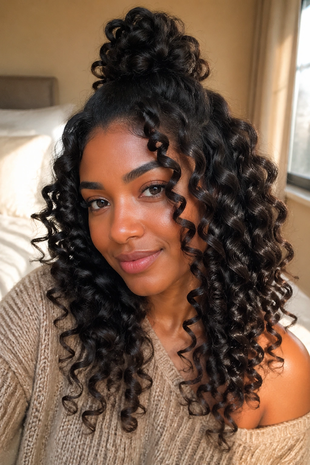 Close-up of real woman with medium-sized wand curls in natural hair.