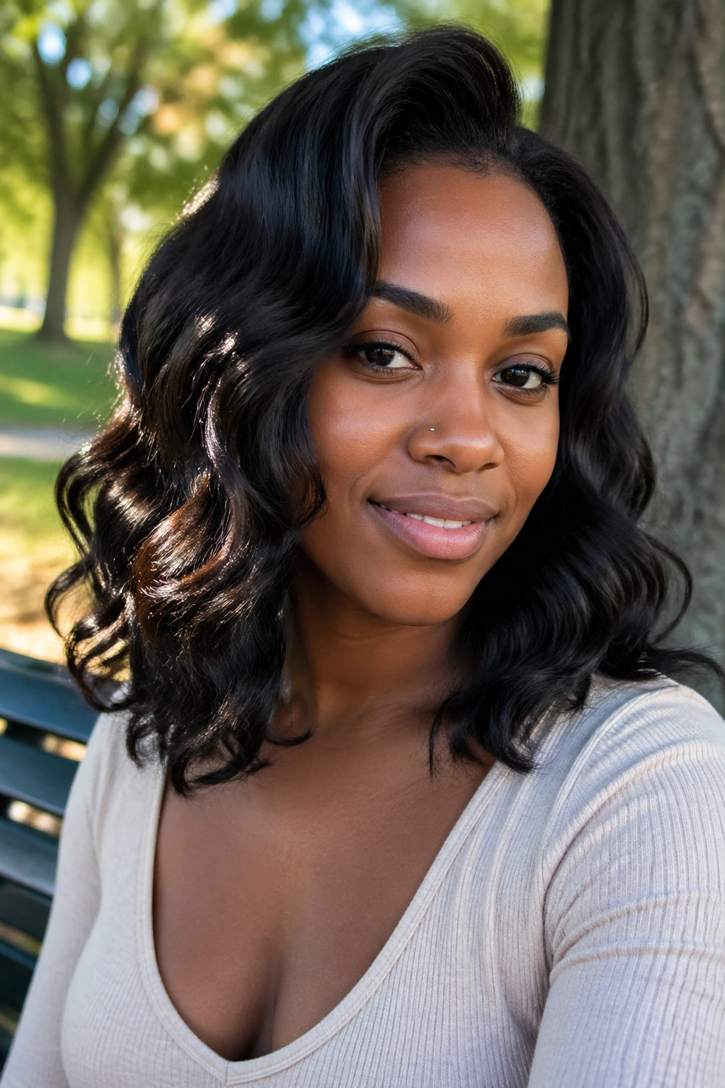 Real woman with loose wand waves in natural daylight.