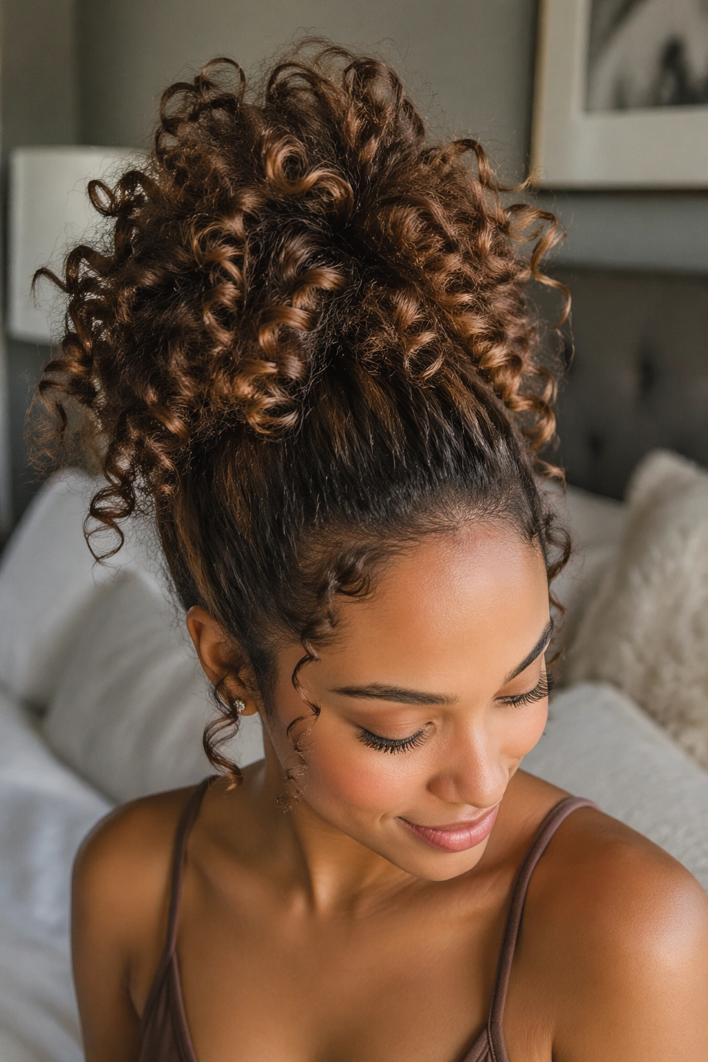 Real woman with warm brown pineapple ponytail in softly lit bedroom