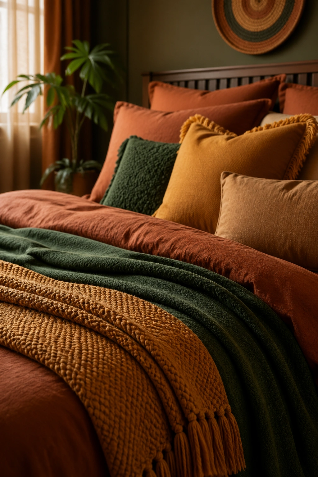 Layered textiles in terracotta and amber tones on a bed