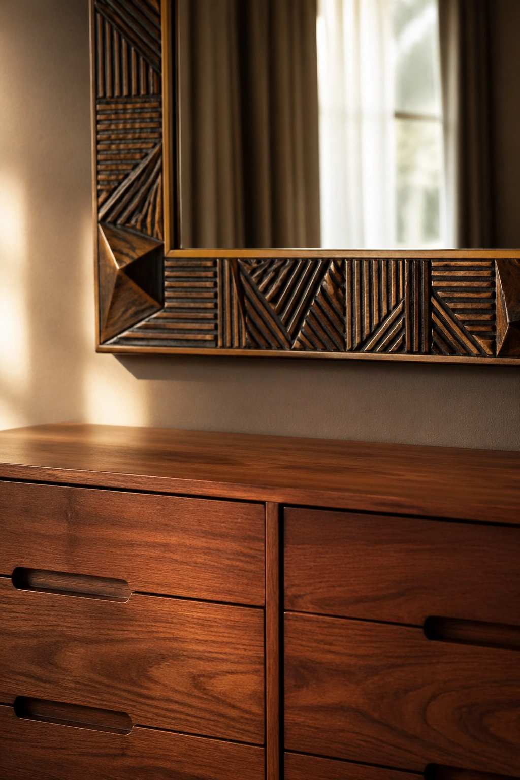 Warm wood dresser with large patterned mirror above