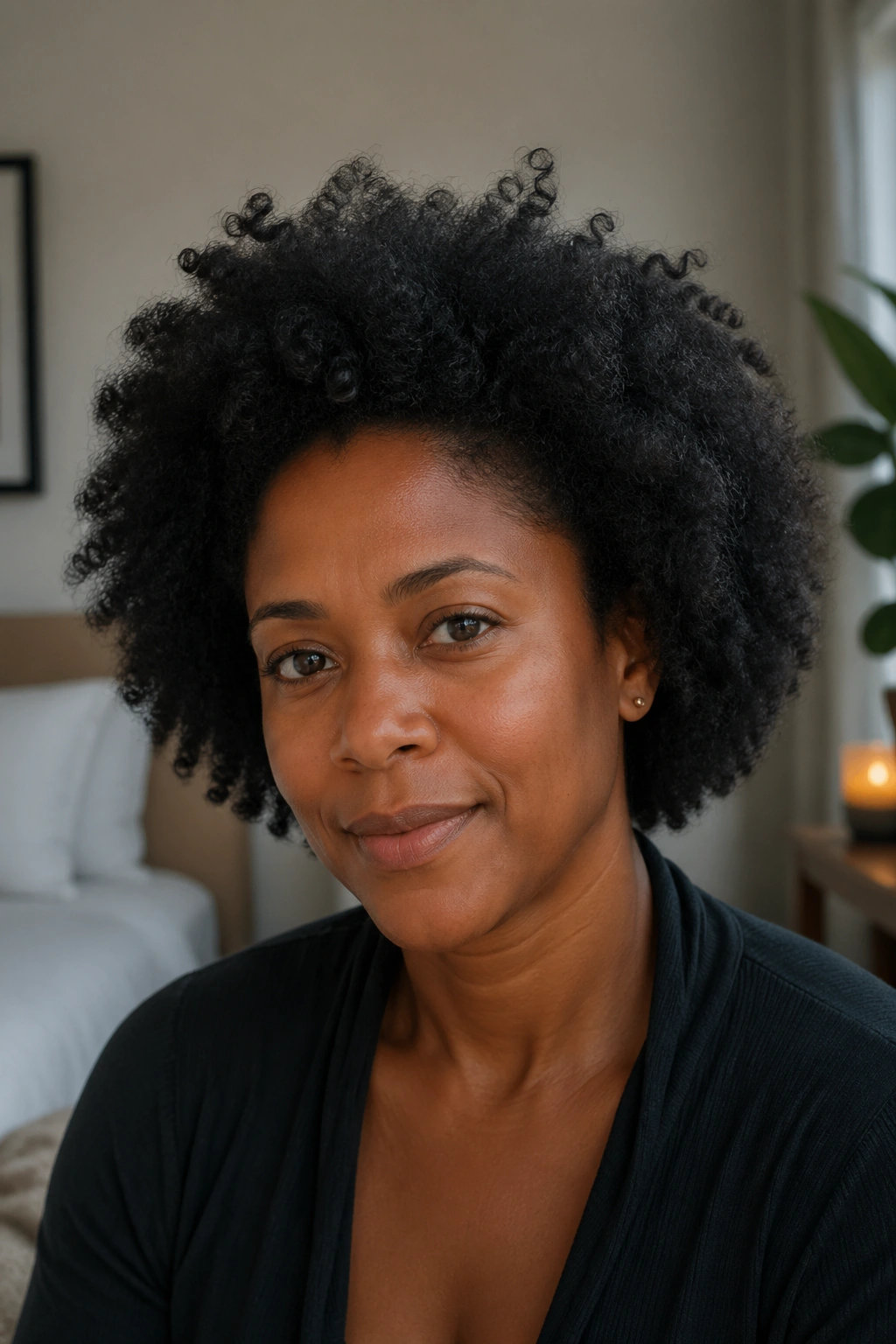 Close-up of a woman with a wash-and-go Afro in natural light