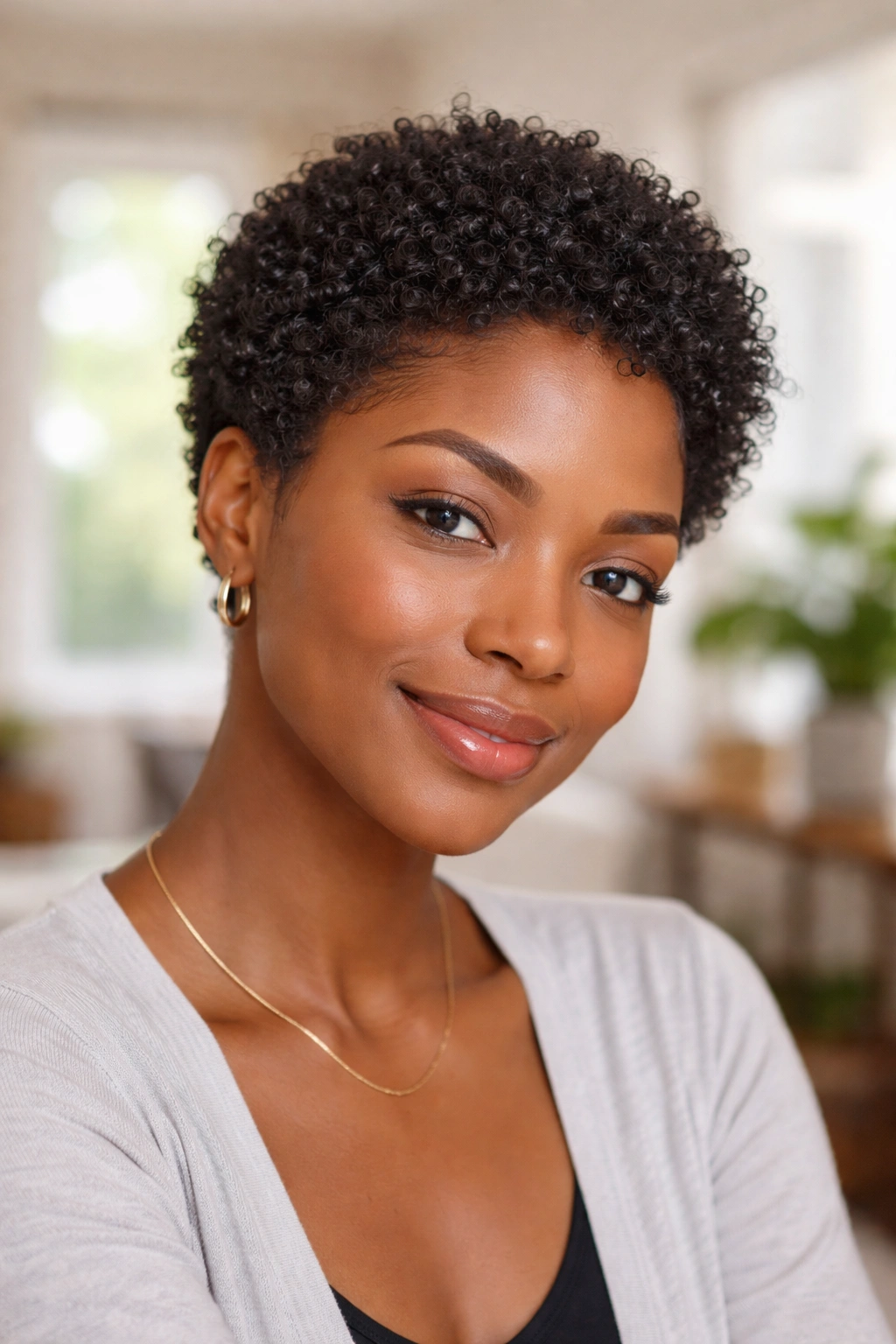 Close-up portrait of a real woman with a short wash-and-go afro in a sunlit living room