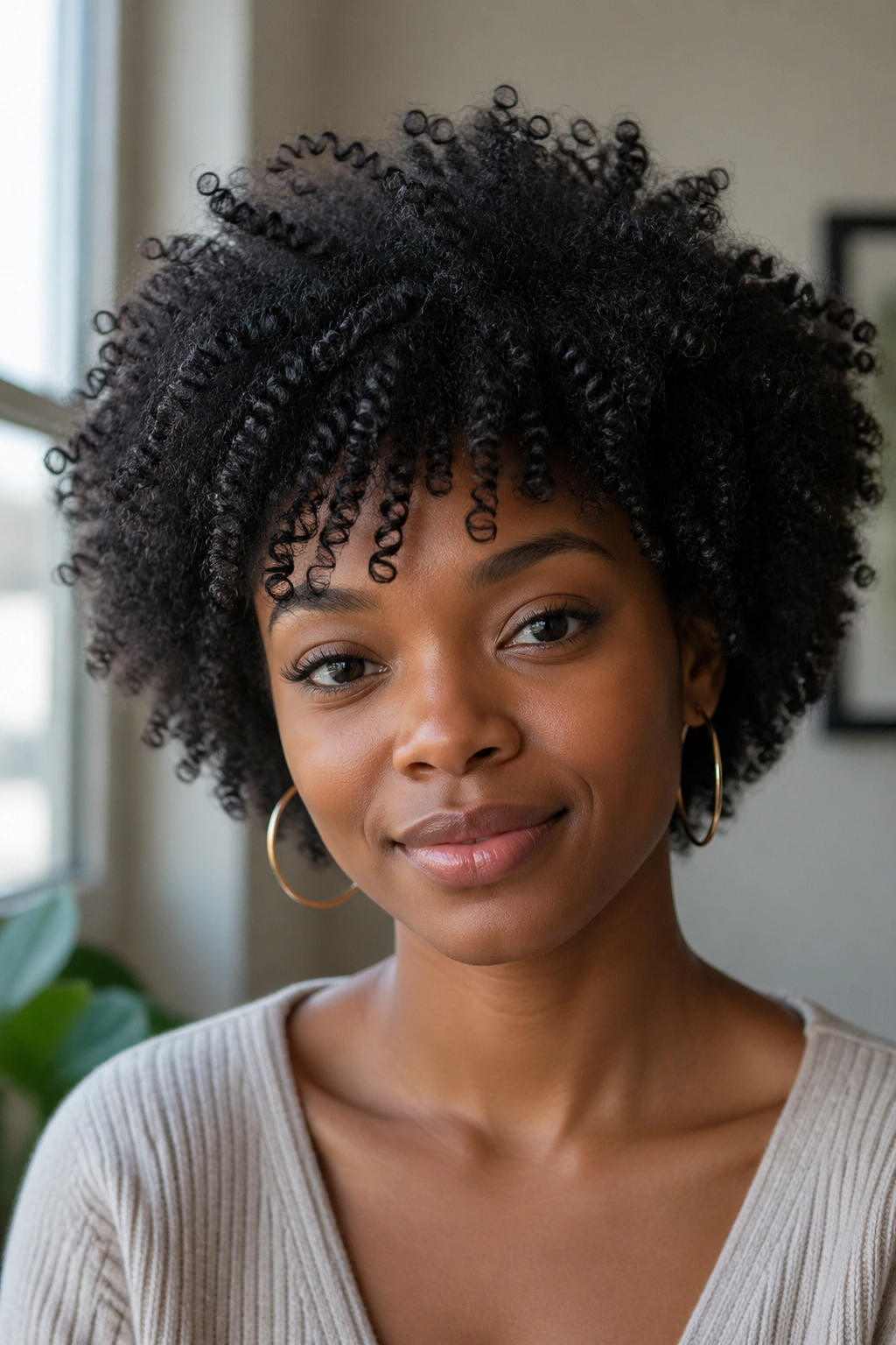 Close-up of a real person with a fluffy wash-and-go hairstyle.