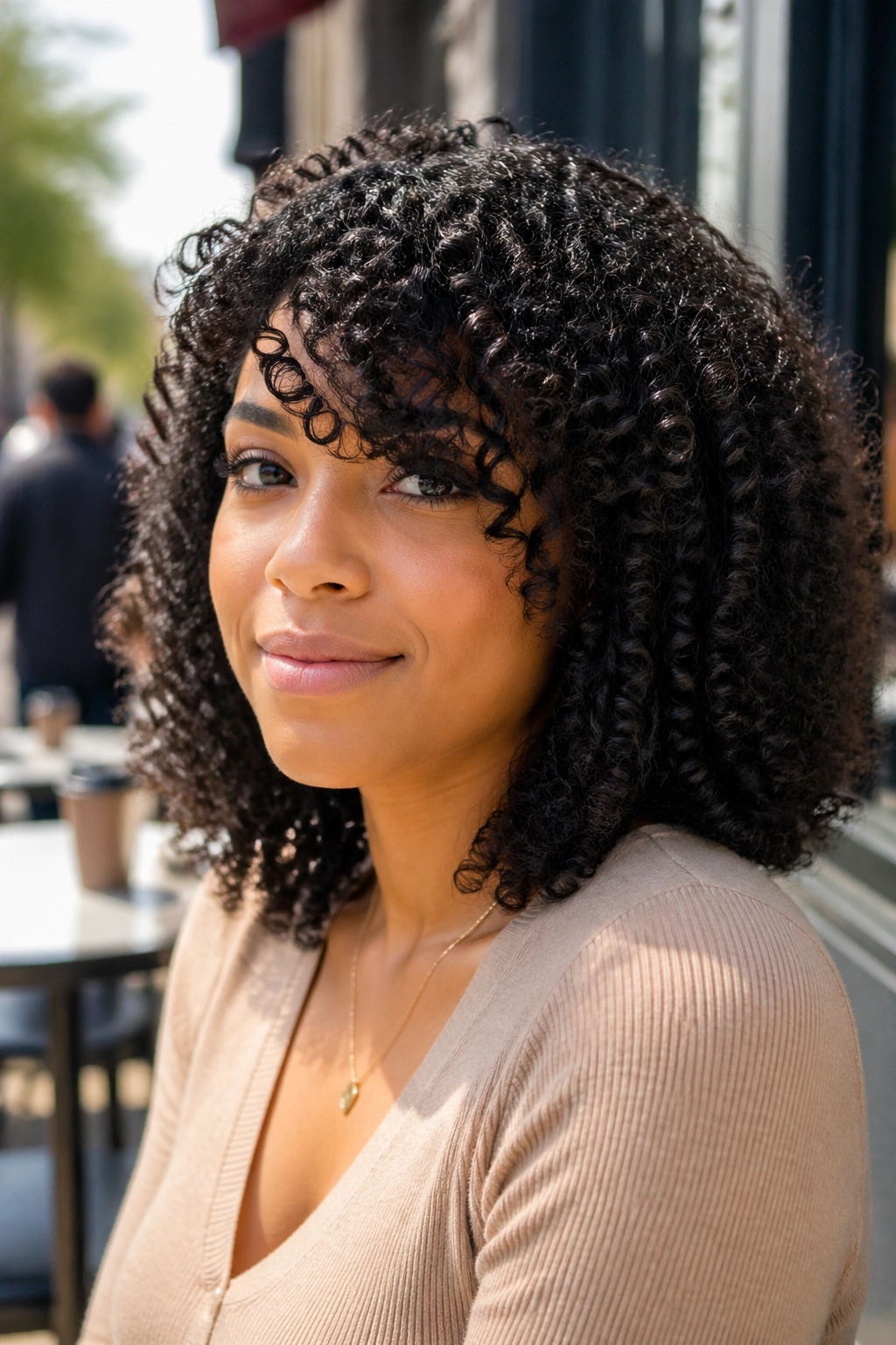 Close-up of a real woman with wash-and-go curls and a side-swept bang.