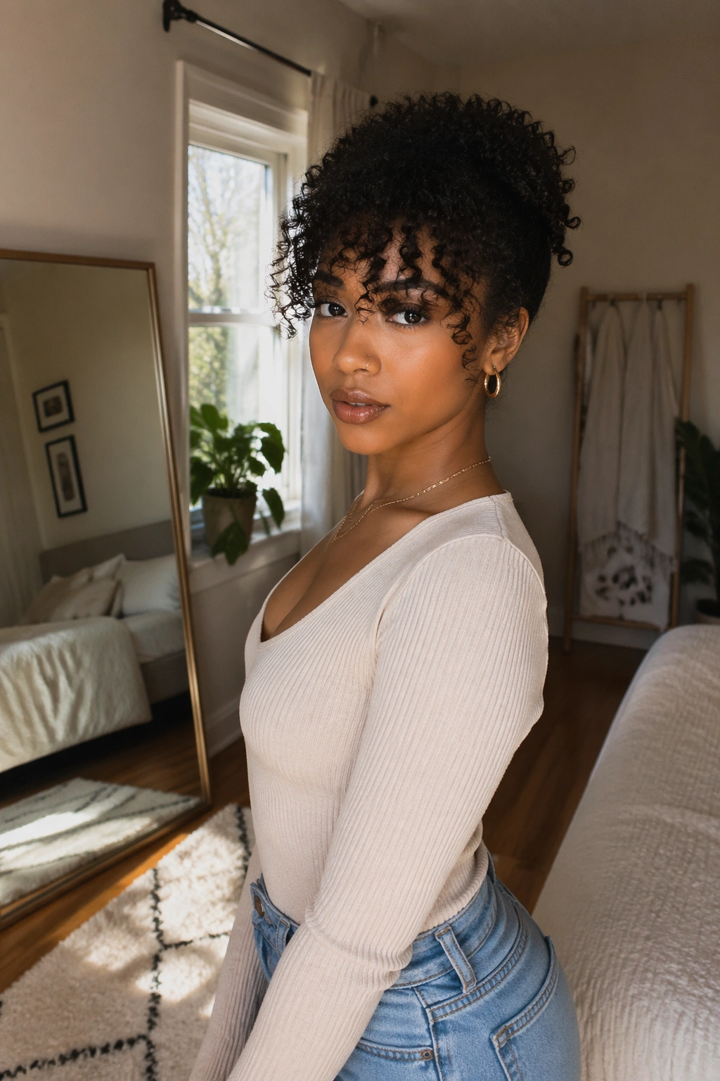 Tapered wash-and-go bangs in sunlit bedroom