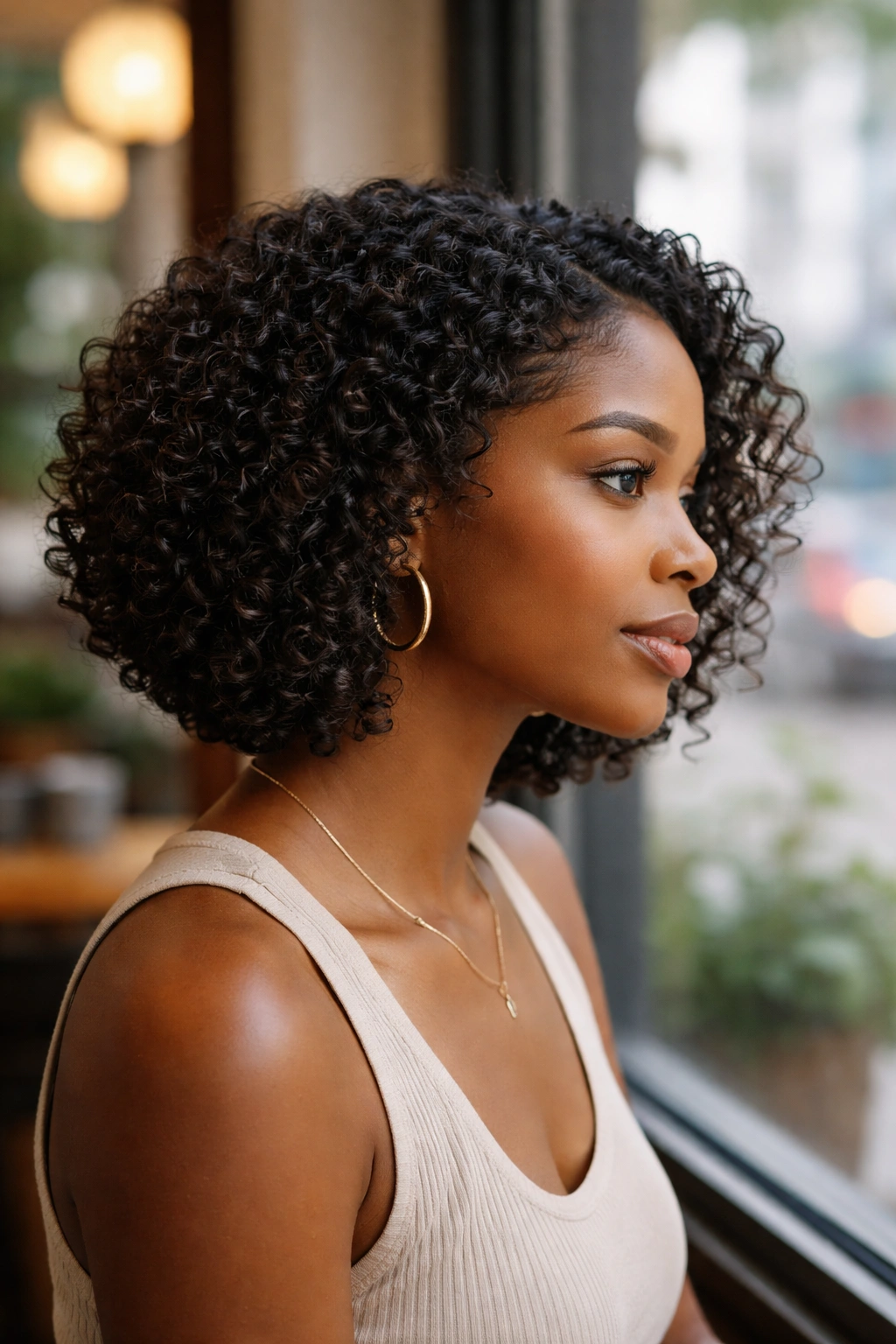 Side-profile wash-and-go bob under window light.