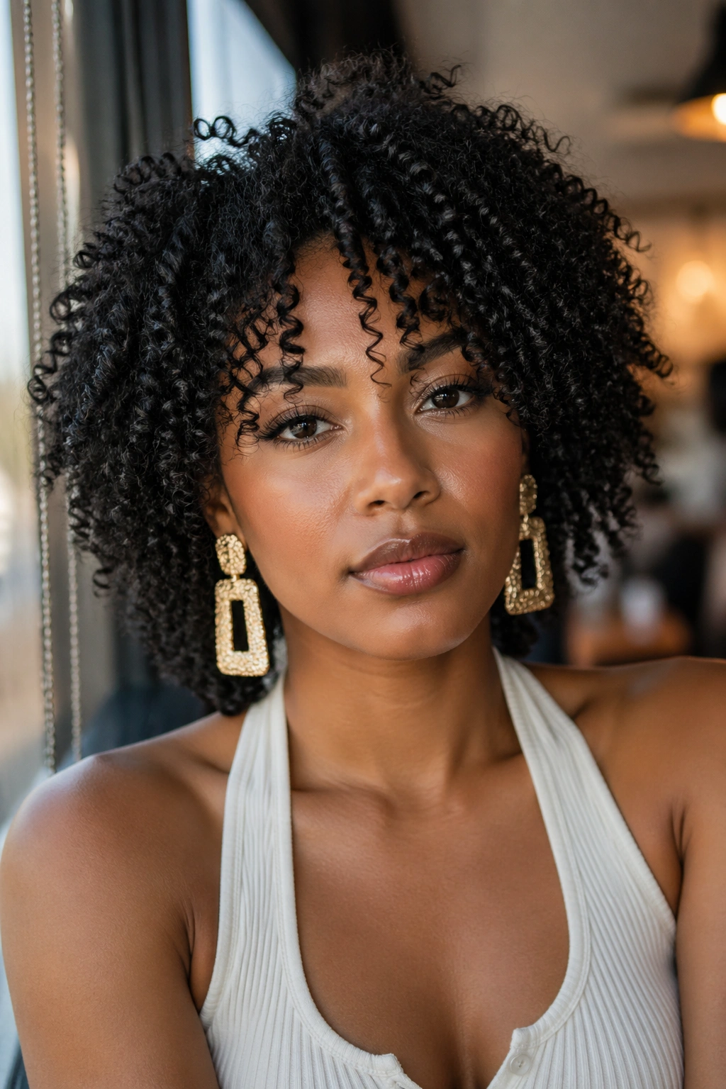 Portrait of a woman with defined wash-and-go curls and bold earrings.