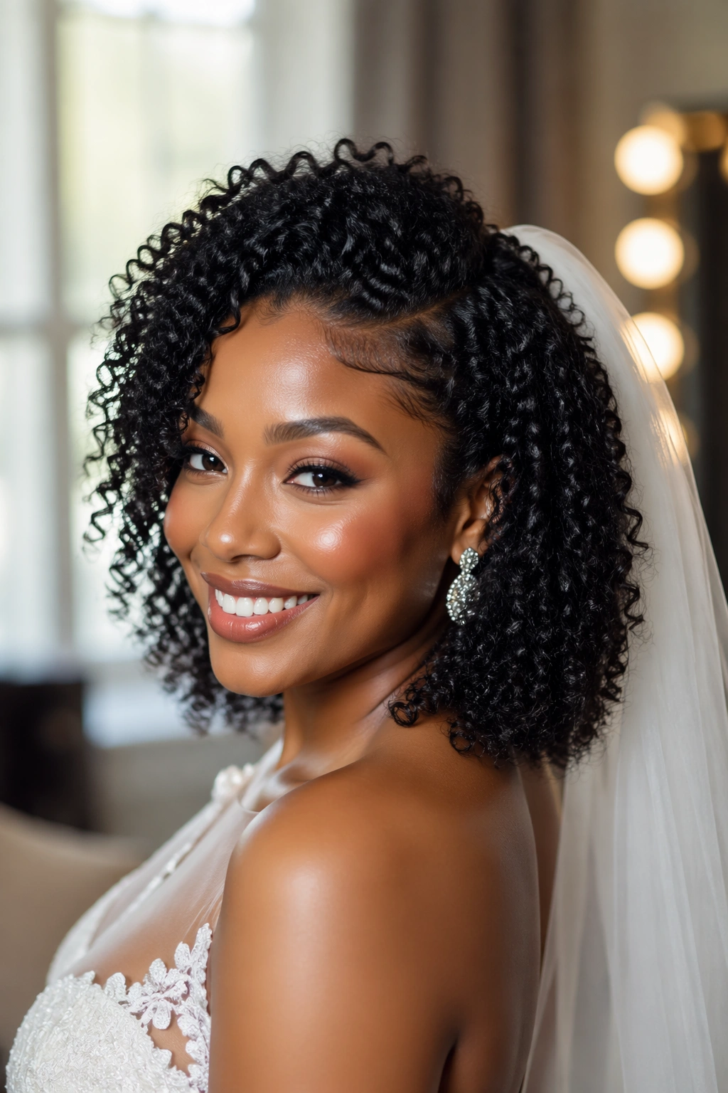Close-up of a real bride with shoulder-length wash-and-go curls and veil-friendly crown in a bridal suite
