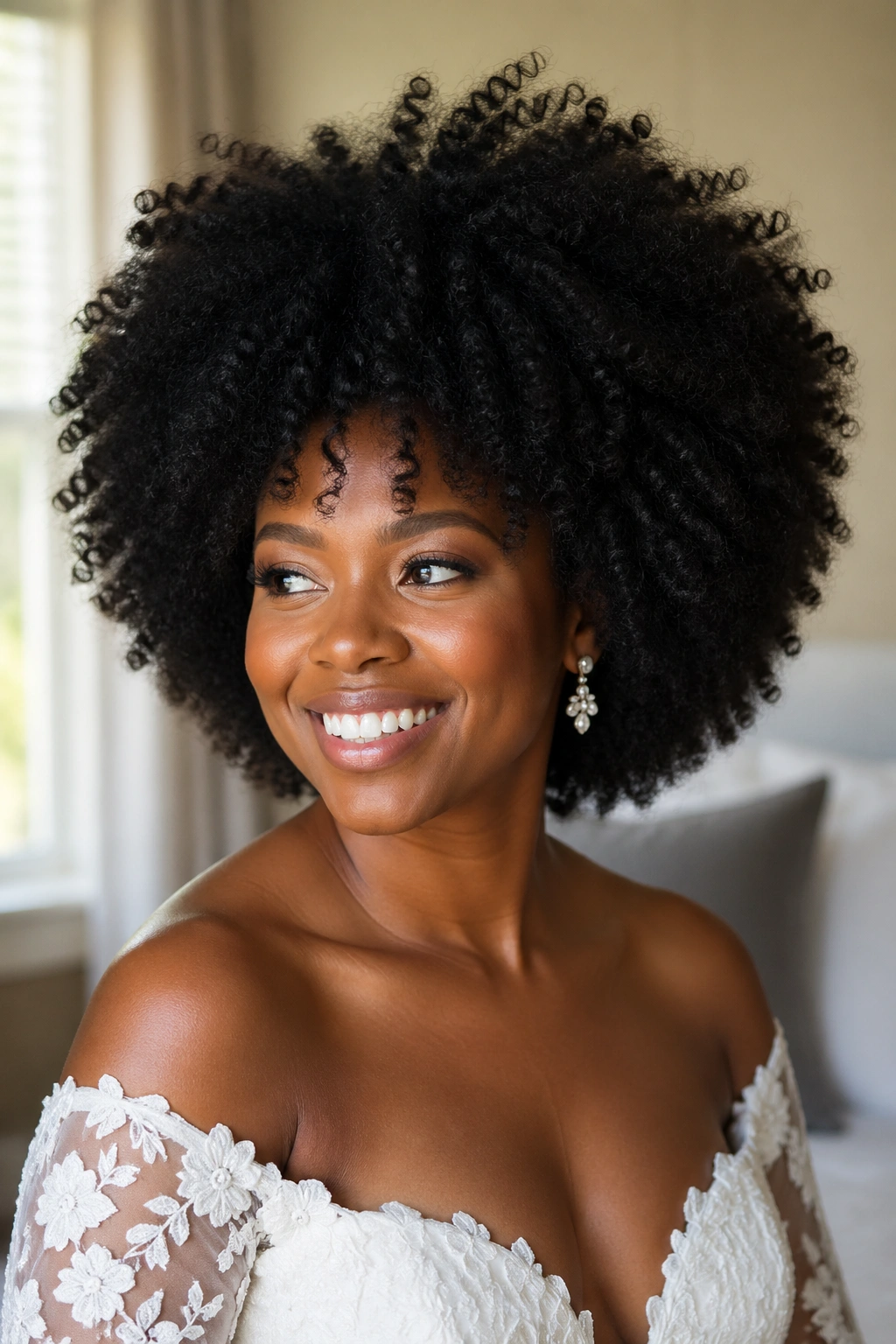 Bride with fluffy wash-and-go blowout and natural volume