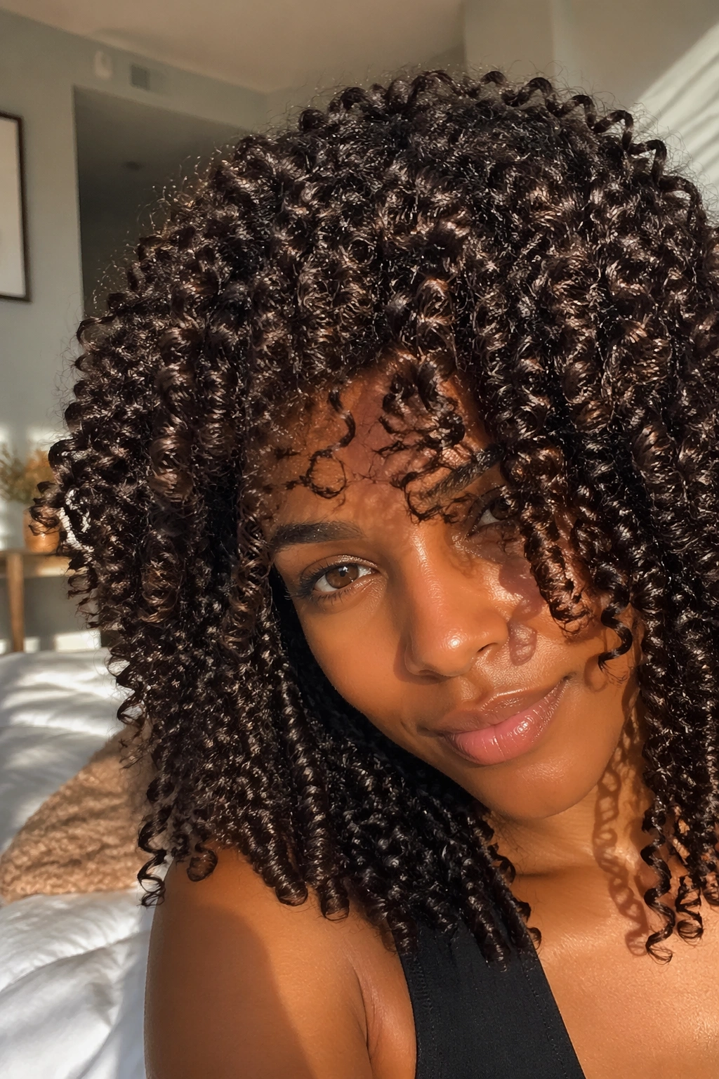 Close-up of a real woman with chocolate brown wash-and-go curls